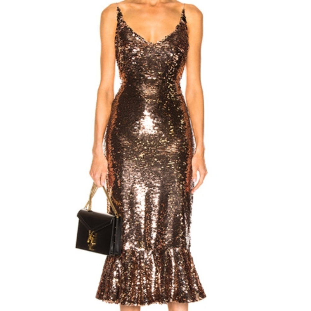 NWT Saloni Aidan Sequin Midi Dress Bronze Rose Gold Spaghetti Strap Ruffle Hem